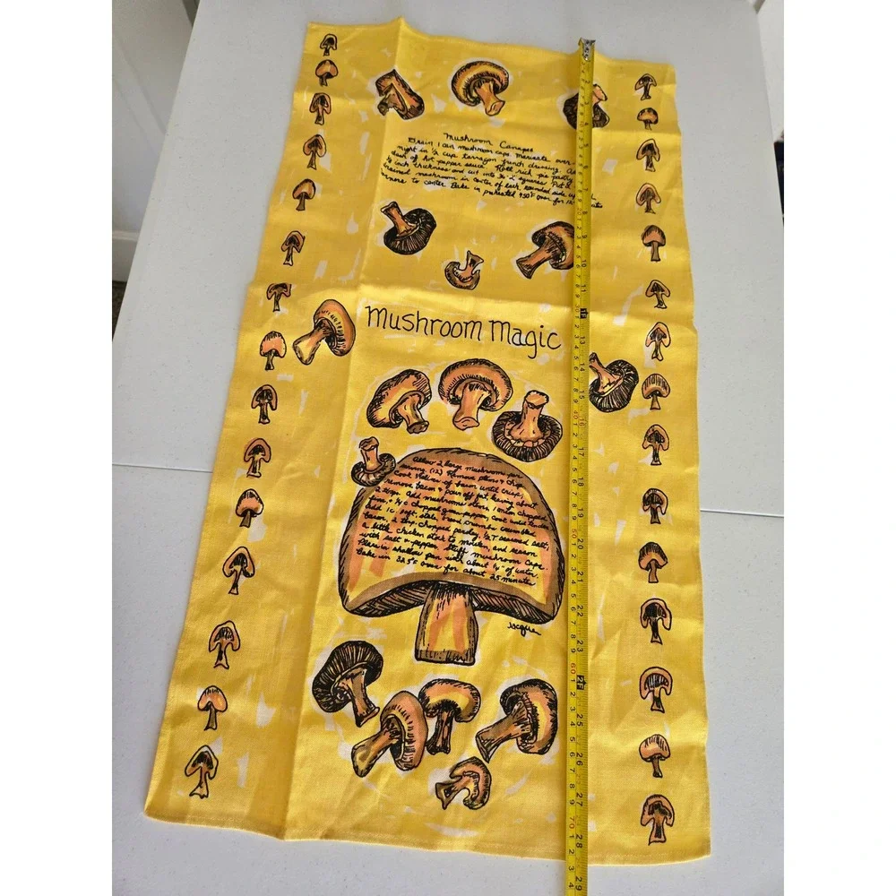 Jacque 15x28 Tea Towel Yellow Mushroom Magic Recipe Vintage 70s Retro Forager